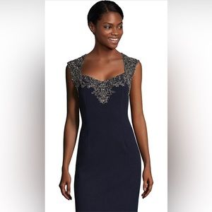 Adrianna Papell Women's Petite Beaded Long Dress in Midnight Size 10P